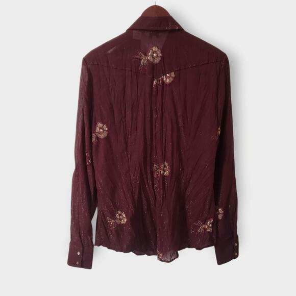 Roper Womens Purple Floral Embroidered Metallic Sheer Pearl Snap Button Shirt Lg - Picture 7 of 15